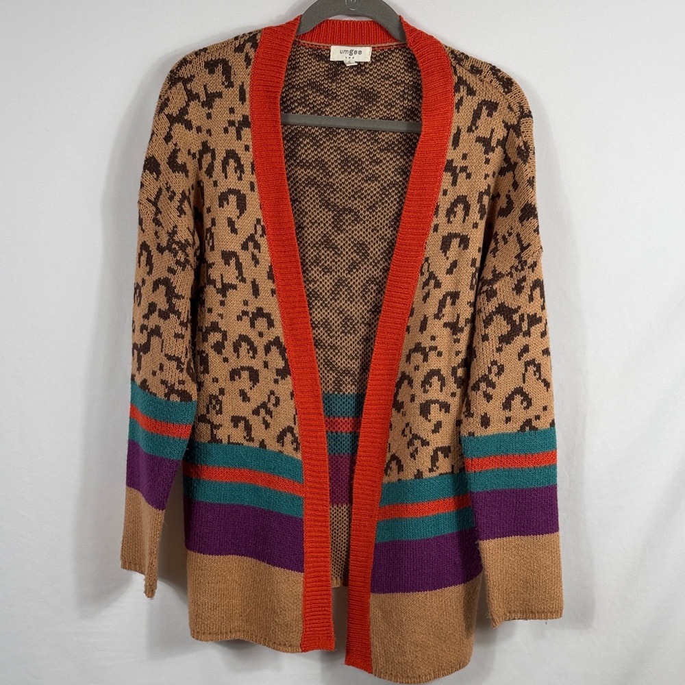 Umgee Women’s Leopard Print Cardigan with Stripes Size S. Has defects see below